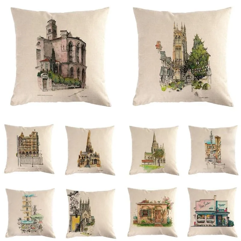 Cushion/Decorative Pillow 45cmx45cm Hand Painted Building Linen/cotton Throw Covers Couch Autumn Cushion Cover Home Decorative Pillows