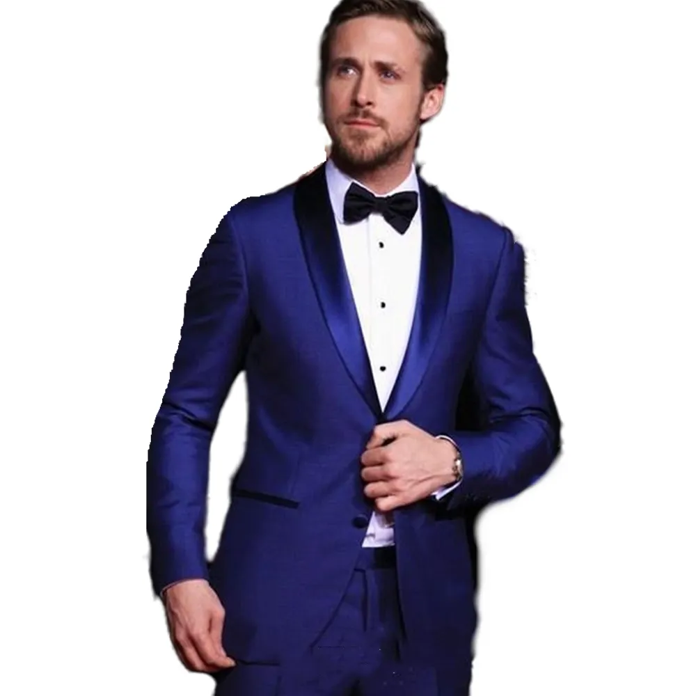 Vintage Bleu Hommes Costumes De Mariage Tuxedos Deux Pièces Slim Fit Groom Tenue De Cérémonie Sur Mesure Plus La Taille Homme Parti Costume De Bal D'affaires (Veste + Pantalon)