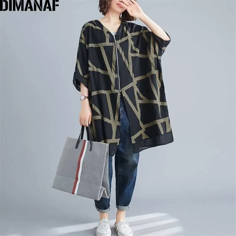 Dimanaf 여름 재킷 코트 의류 빈티지 인쇄 스트라이프 레이디 겉옷 느슨한 캐주얼 지퍼 카디건 얇은 대형 211029