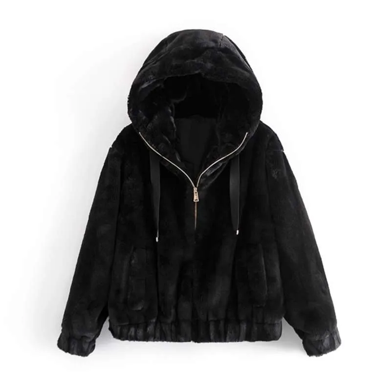 Causal Women Black Faux Fur Coats Fashion Ladies Zipper Jackets Streetwear Female Thick Hooded OuterCoat Chic Girl Coat 210928