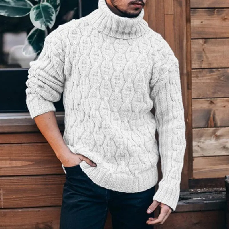 Vinter män solid färg tröja hög hals tjock varm twist jumper löst turtleneck smal passform pullover stickade herrtröjor