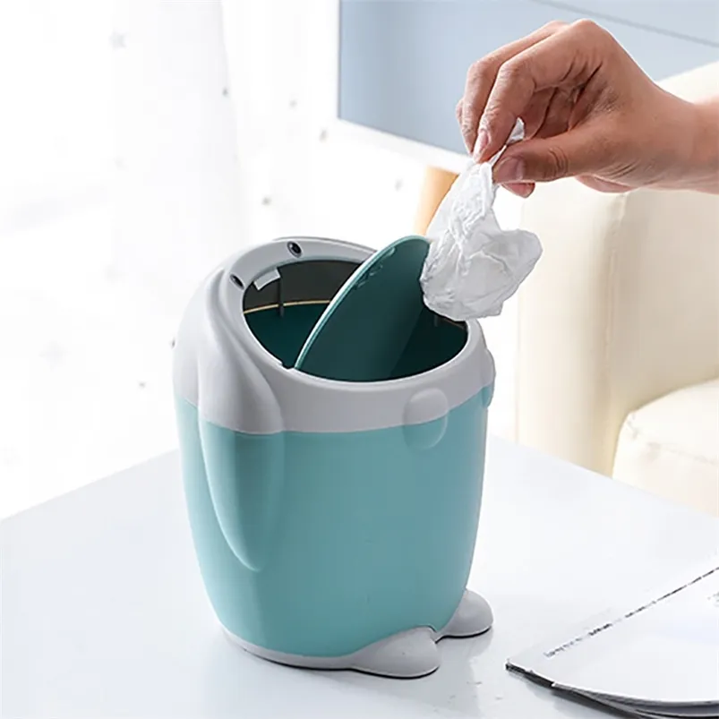 Cartoon Desktop Mini Trash Can Rolling Lid Paper Basket Table Home Office Storage Tank 210423