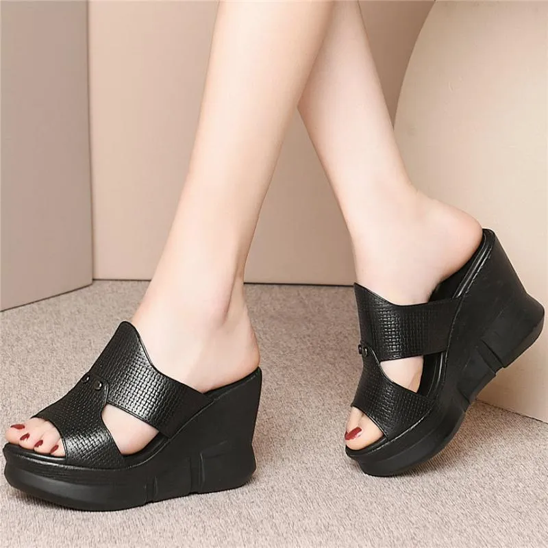 Zapatillas de deporte de moda para mujer, cuñas de plataforma de cuero genuino, sandalias romanas de gladiador de tacón alto, zapatos de tacón de verano con punta abierta para mujer