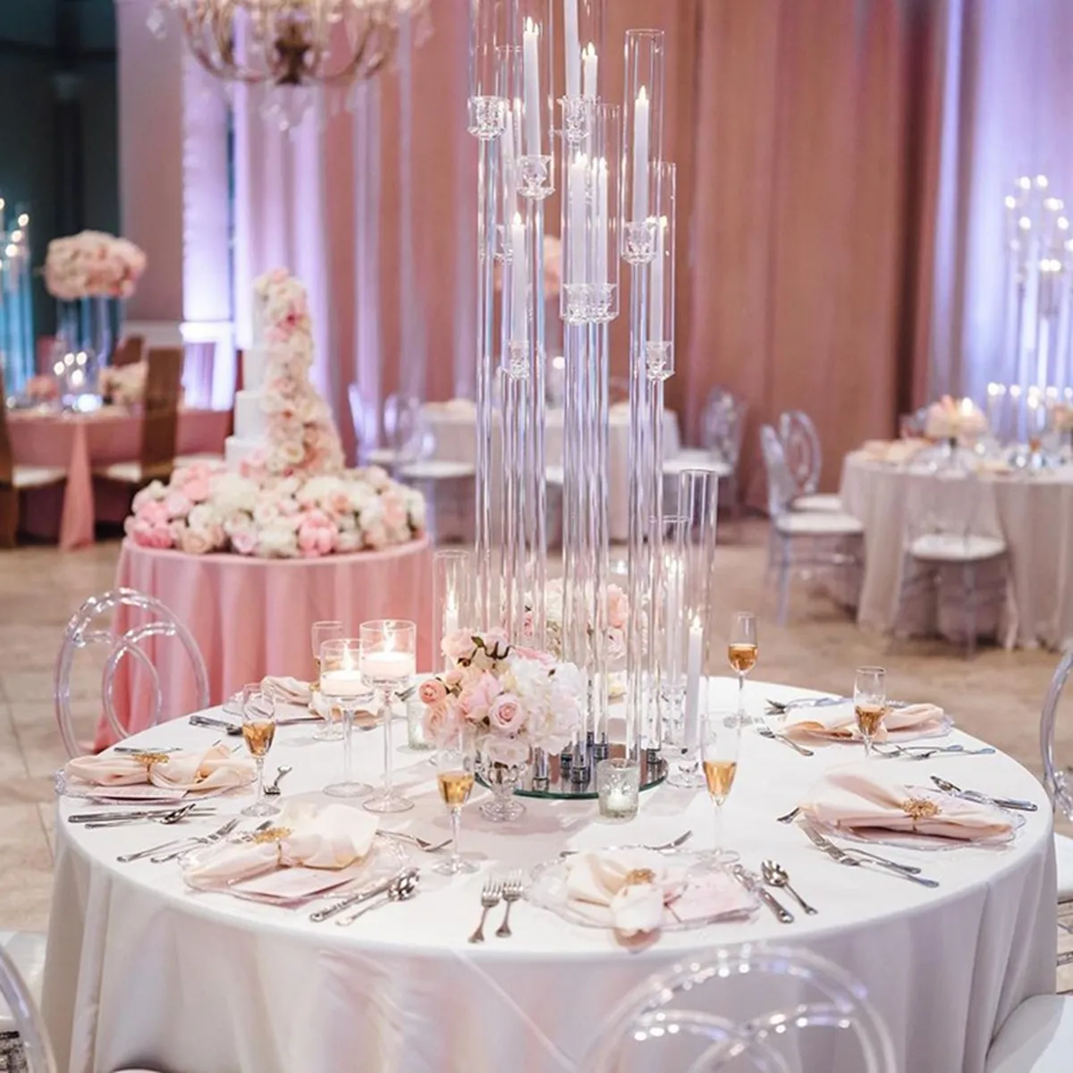 Hurtownie Dostawca Wyczyść Akrylowe Wysokie 8 Arms Crystal Candelabra Dekoracyjne Kryształowe Stoły Hotel Centerpiece Wedding Stół Świecznik Uchwyt Seniu664