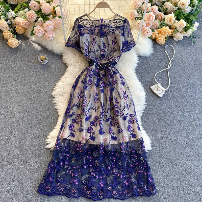 Elegant A-line floral midi dress with Hollow Hook and Flower Detail - Slim Fit, Short Sleeves, Round Neck - Perfect for Spring and Summer - R223 Elegant A-line floral midi dress with Hollow Hook and Flower Detail - Slim Fit, Short Sleeves, Round Neck - Perfect for Spring and Summer - R223