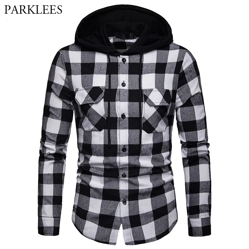 Black White Plaid Hooded Shirt Men Slim Fit Long Sleeve Men Hoodie Shirt Hipster Streetwear Shirts With Double Pockets 210522