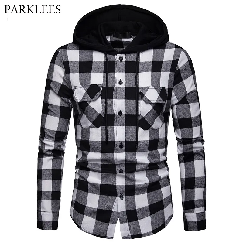 Noir Blanc Plaid À Capuche Chemise Hommes Slim Fit À Manches Longues Hommes À Capuche Chemise Hipster Streetwear Chemises Avec Double Poches 210522