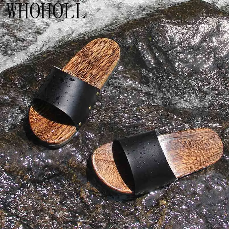 WHOHOLL Geta Mans Summer Slippers Non-slip Beach Men's Wooden Cool Deodorization Clogs Outdoor 210628