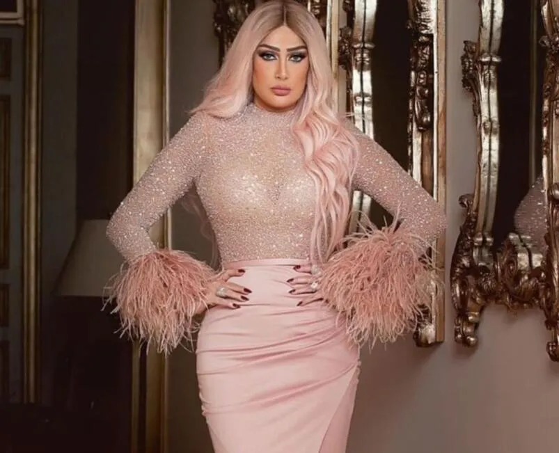 Evening dress Yousef aljasmi Zuhair murad Myriam fares High neck Pink Sheath Feather Silver Crystals Long sleeve Bodycon Kim kardashian Kylie jenner