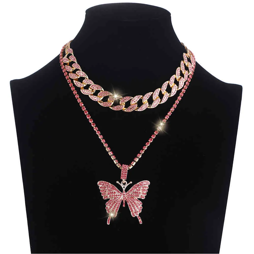 Set Cuban Link Chain Choker Necklace Gifts for Women Butterfly Chains Pendant Jewelry