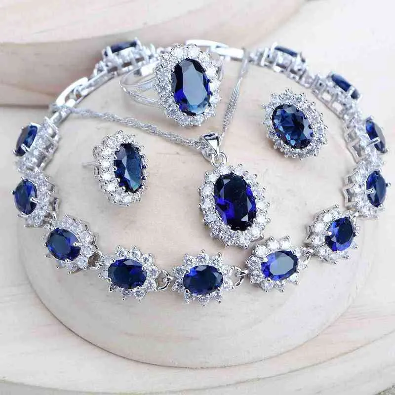 Gümüş 925 Kadın Gelin Takı Setleri Mavi Zirkonya Kostüm Güzel Mücevherat Düğün Kolye Küpe Yüzükler Bilezikler Kolye Seti 220210