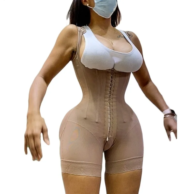 Modelador de corpo inteiro feminino com controle de barriga ajustável na virilha busto aberto Kim Fajas Colombianas compressão pós-cirurgia 220112