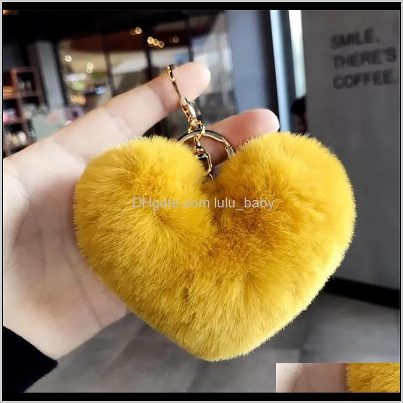 new rabbit fur heart shape keychain soft fur lovely gold metal key chains pom poms plush keychain car keyring bag earrings accessories