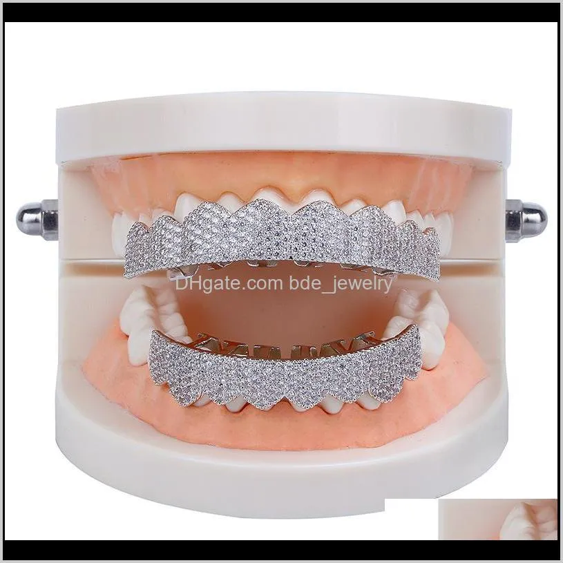 custom fit gold silver color iced out hip hop teeth grillz micro pave cubic zircon top & bottom teeth grills set