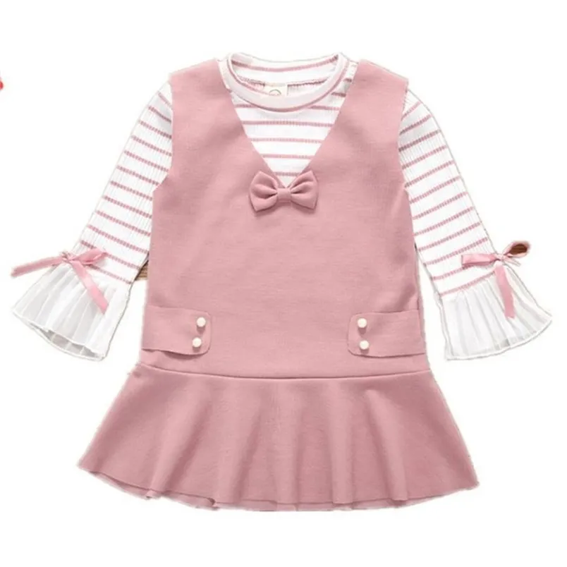 Vestiti per ragazze Set Autunno manica svasata Top a righe + Gonna gilet 2 pezzi Dolce bambino bambino per 3-7 anni 210528