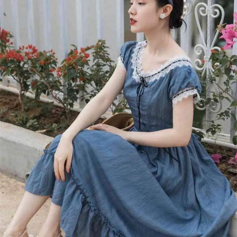 Vintage Blue Cotton Lacce O-neck Mid-calf Blue Midi Dress for Women - YOSIMI Summer Fit and Flare Short Sleeve Vestido Feminino (210604)Color: