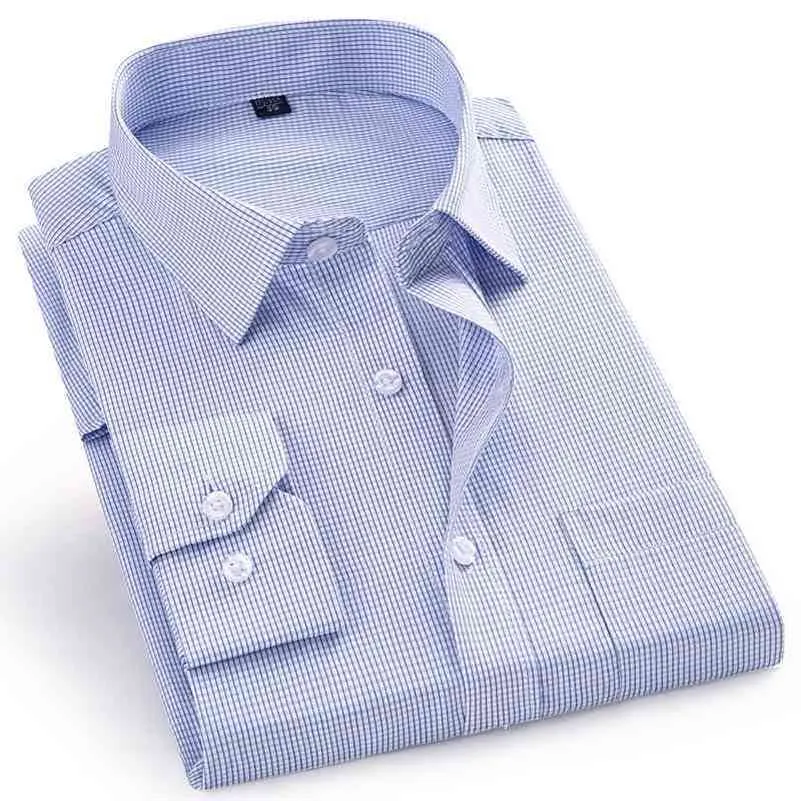 高品質の男性のドレスカジュアルな格子縞のストライプ長袖シャツ男性のレジストルフィットブルーパープル4xl 5xl 6xl 7xl 8xlプラスサイズのシャツ210705