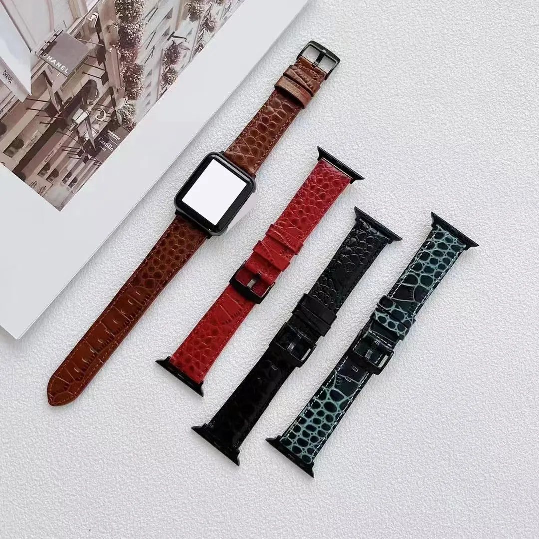 Krokodilmönster Läderremmar för Apple Watch Band 45mm 41mm 42mm 44mm 38mm 40mm Mode Luxury Wristband Iwatch 7 6 5 4 3 SE Watchband Smart Tillbehör