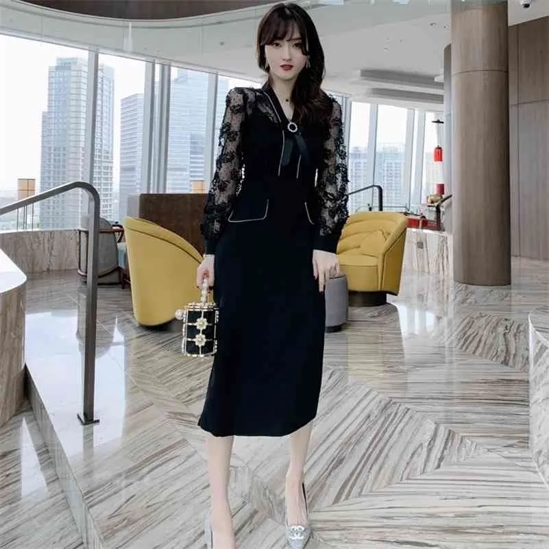 Осенние женские корейские женские дамы V-образным вырезом кружева шить тонкое платье-оболочка колена Office Lady 210416