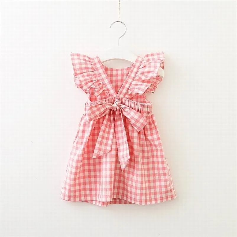 Wholesale Girl Plaid Dress Summer Style Backless Big Bow Cotton Flare Sleeve Princess Kid Clothes LT032 210610