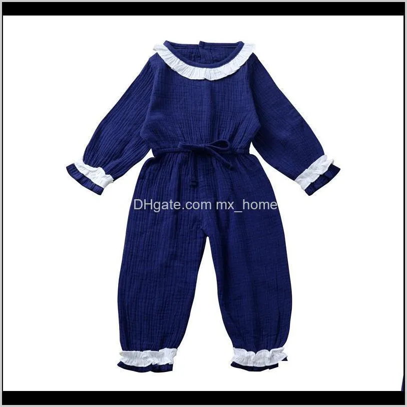 girls rompers boy solid lace 5 colors autumn long sleeve cotton fold strap jumpsuit back button kids onesies girls outfits 6m-4t