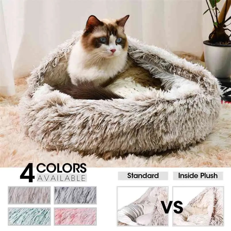 Pet Dog Cat Round Peluche Lit Semi-fermé Nid de chat pour un sommeil profond Confort en hiver Lit de chat Petit panier de tapis Soft Kennel 210722