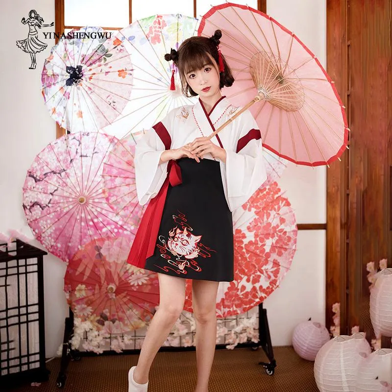 Roupa japonesa quimono mulher 2 pçs conjuntos preto branco top gato bordado saia asiática yukata haori cosplay trajes de festa étnico298k