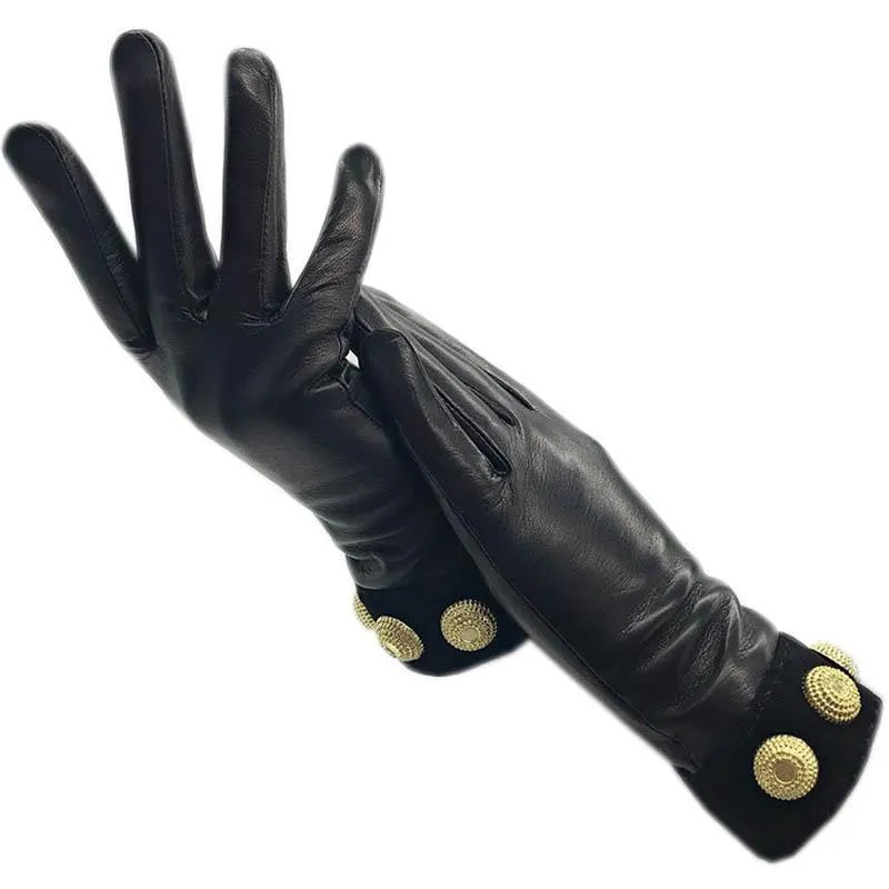 5本の指の手袋冬の女性リストファッションファッション山羊の黒い暖かい本物のドライブレザーオートバイ乗馬ポイントフィンガウールL
