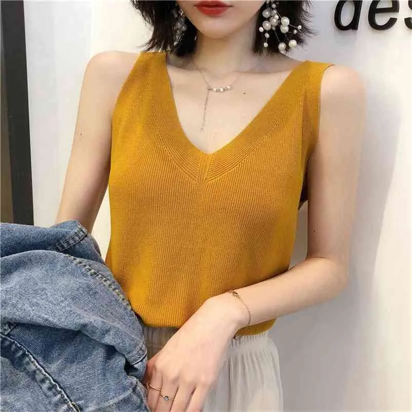Sexy Solid V-Neck Knitted Tank Tops Plus Size Summer Loose Sleeveless T-Shirt Korean Fashion Ribbed Patchwork Vest Tees Female 210522