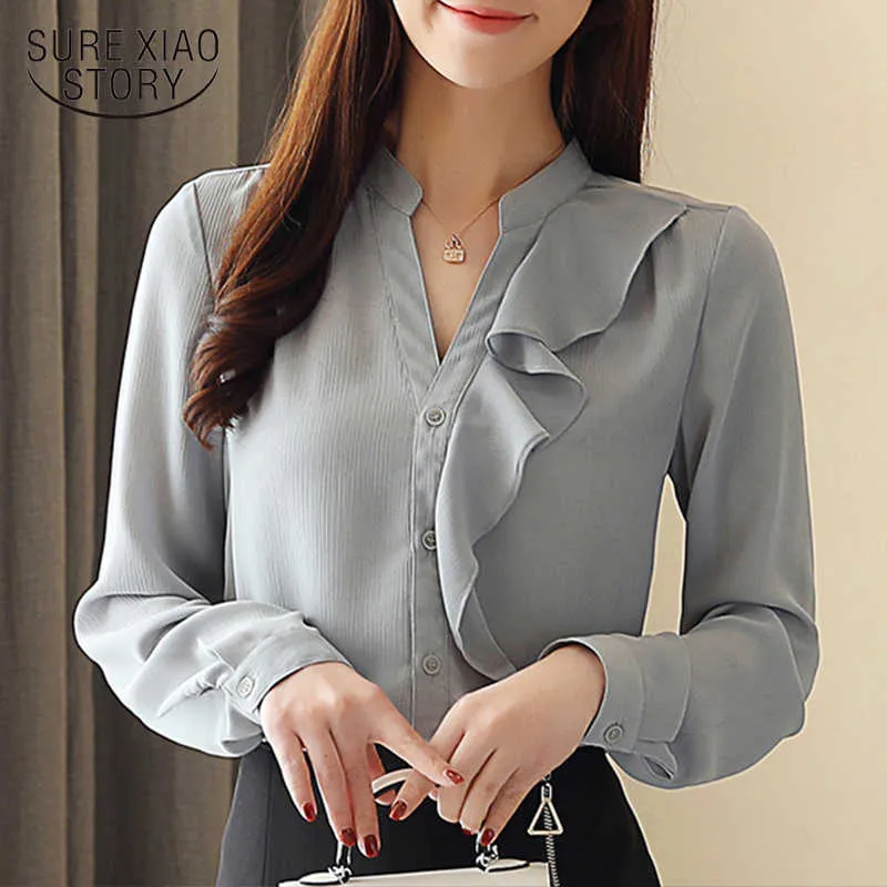 Spring Autumn Ruffle Long Sleeve Women Top Temperament Women Tops and Blouses OL Professional Ladies V-neck Shirt 8009 50 210527