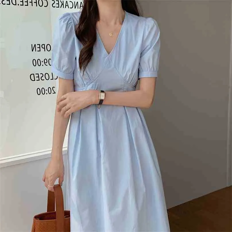 Solid Elegant Loose Chic Office Lady Streetwear Long Dresses Korean Minimalist Retro Summer V-Neck Vestidos 210525