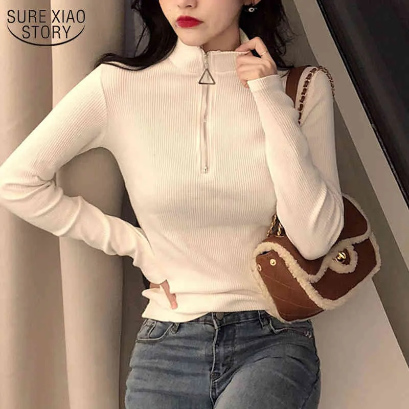Осень зима корейский стиль с длинным рукавом свитер женщины водолазка молния вязаный пуловер Slim Fit Office Lady 11043 210508