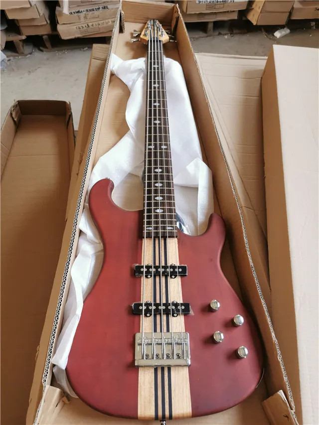 5 Strings Neck-thru-body Red-brown Body Electric Bass Guitar with Chrome Hardware,2 Pickups,Can be customized