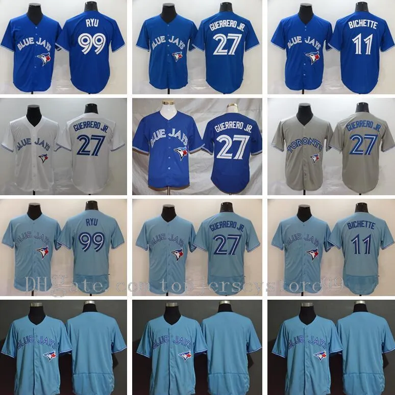 Mens 2020 Baseball Jersey 27 Vladimir Guerrero Jr 11 Bo Bichette 99 Hyun-Jin Ryu All Stitched Blue Home White Grey Flexbase Cool Base