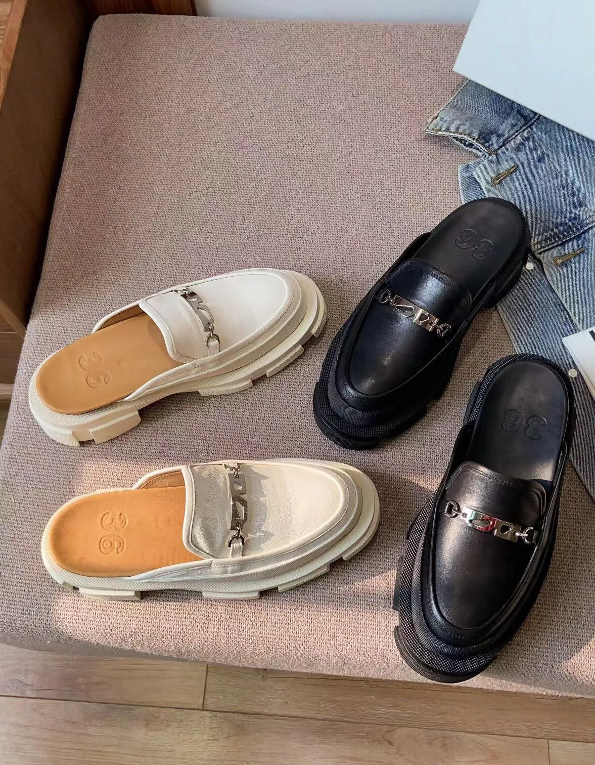 stylishbox ~ y21051504 svarta/elfenben sandaler 5,0 cm plattformsrutschkanor guldspänne sommar kalvskinn äkta läder mule skor casual