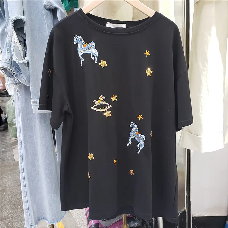 Cartoon Embroidered Sequins Short Sleeve T - Shirt Women's Loose Round Neck Pull Shirts Students Tops Tee Tees A1032 210428