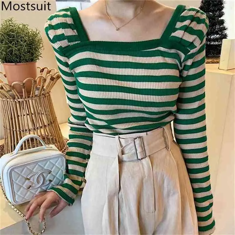 Zielona Blocked Striped T Shirt Topy Kobiety Pełna Rękaw Square Collar Tees Swetry Koreański Moda Damskie Koszulki 210513