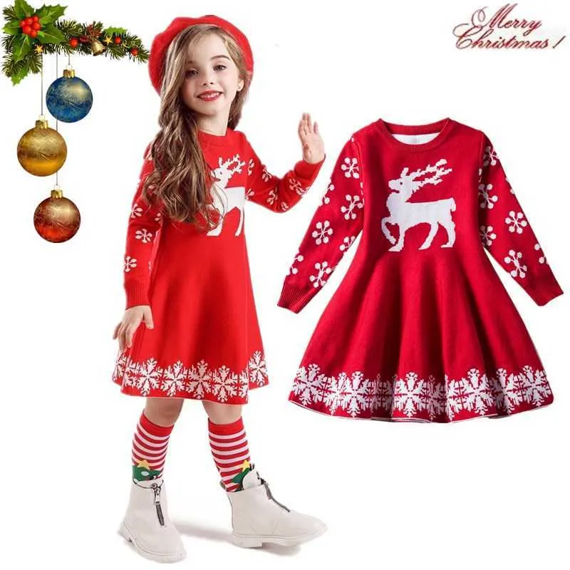Meisjes winter jurk voor kerst trui gebreide volledige mouw kinderen jurken xmas meisje party kleding eland kinderen prinses kostuum G1026