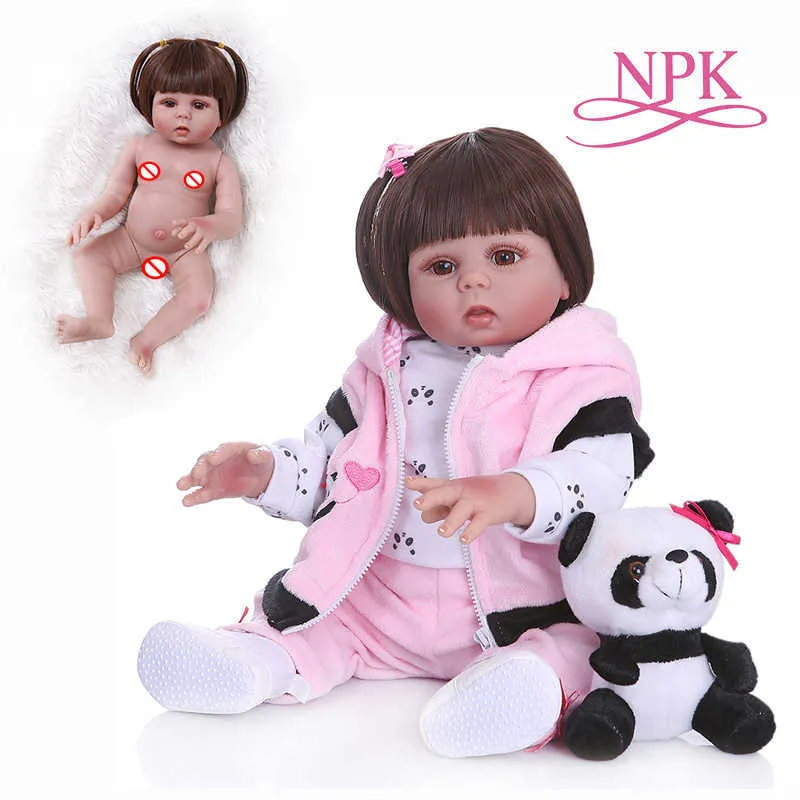 NPK 48CM bebe doll reborn toddler girl in panda dress full body soft silicone realistic baby bath toy Anatomically Correct Q0910