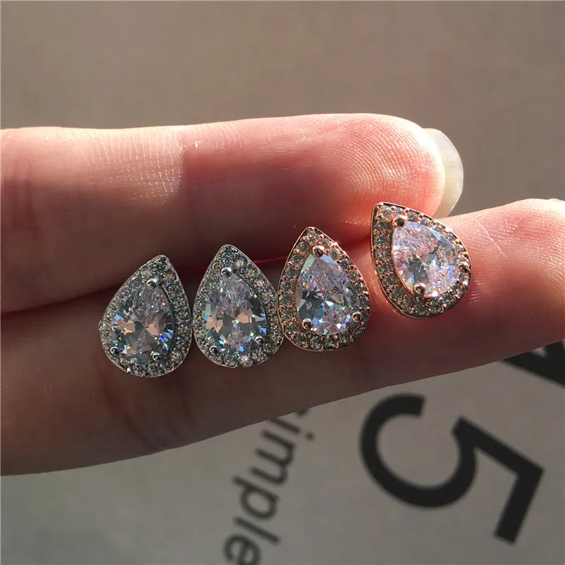 Luxury Female Crystal White Zircon Stud Ear-Rings Boho Rose Gold Color Double Earring Vintage Wedding Earrings for Women 2024 Surprise Gift