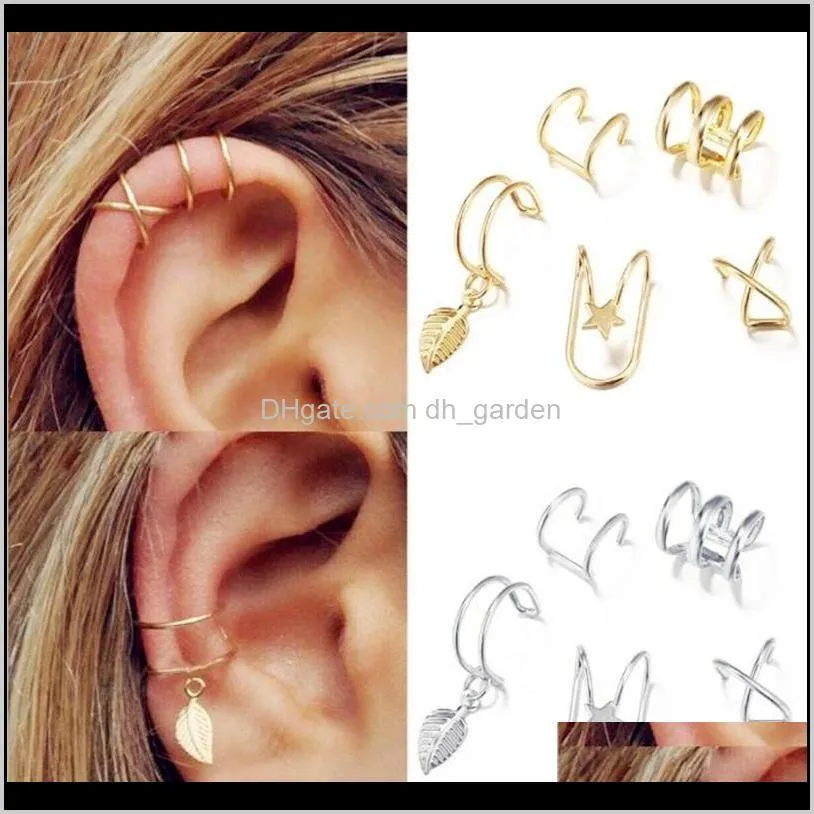 5pcs/set ear cuff gold/silver leaves non-piercing ear clips fake cartilage earring jewelry for women men