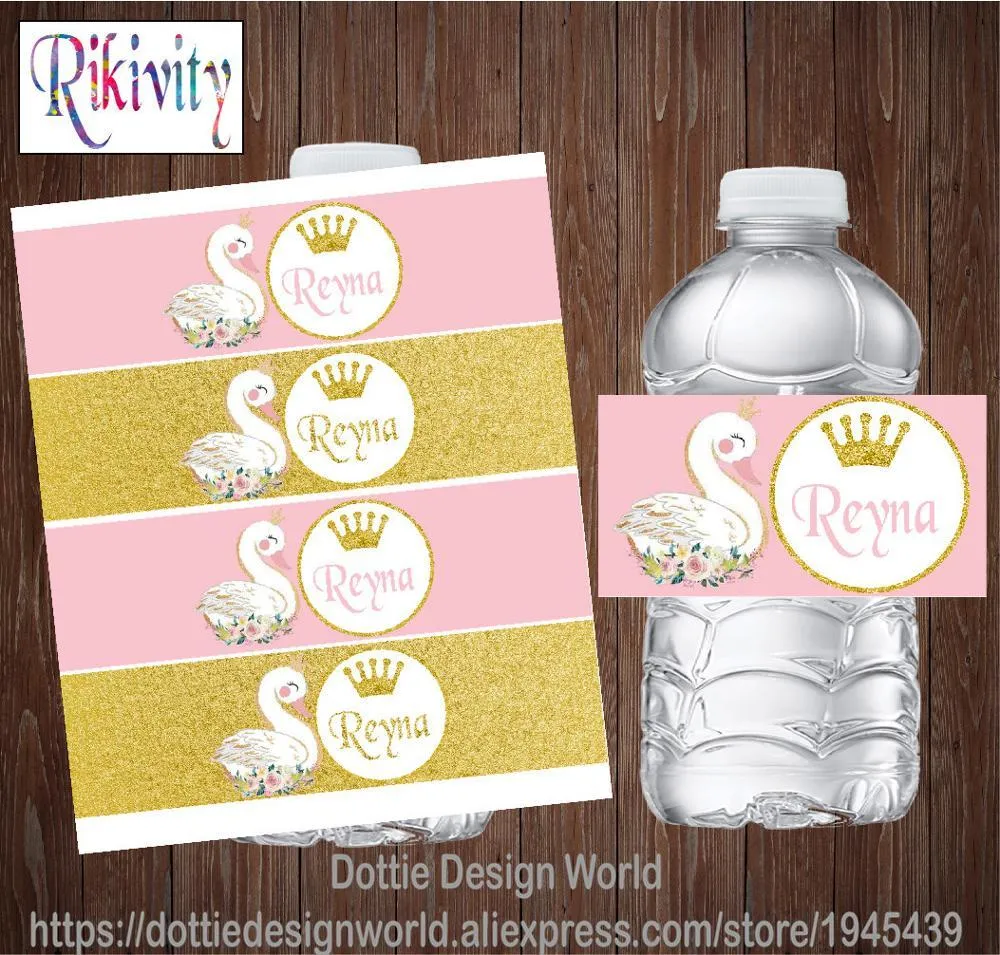20 sztuk Gold Glitter Pink Swan Baby Shower Butelka Wody Wino Etykiety Wodoodporne Candy Bar Wrapper Sticker Party Decoration 210408