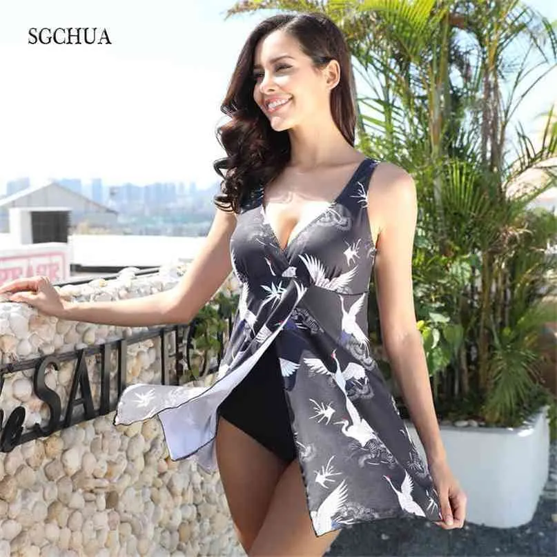 SGCHUA Print White Crane Large Size 5XL Swimsuit for Fat Big Plus XXXL Swimwear with Skirt Slim Bathing Suit 210702