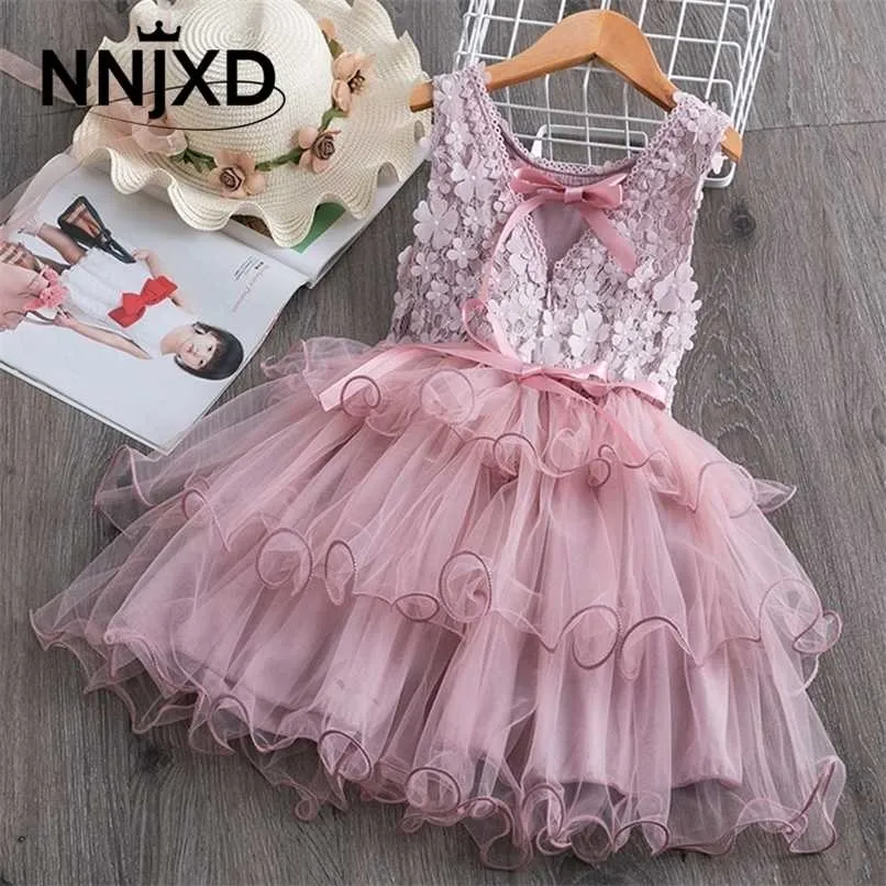 Summer Toddler Girls Lace Cake Dress Kids Sleeveless Floral Mesh Wedding Dresses Children Clothing For Baby Girls 3 to 8 Years 211027