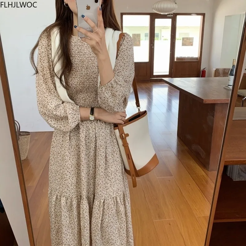 Korea Chic Moda Ubrania Nowy Projekt Z Długim Rękawem Elegancka dama Damska Jesień Linia Ciasna klatka piersiowa Kwiatowy Drukowana Długa Rocznika Dress X0521