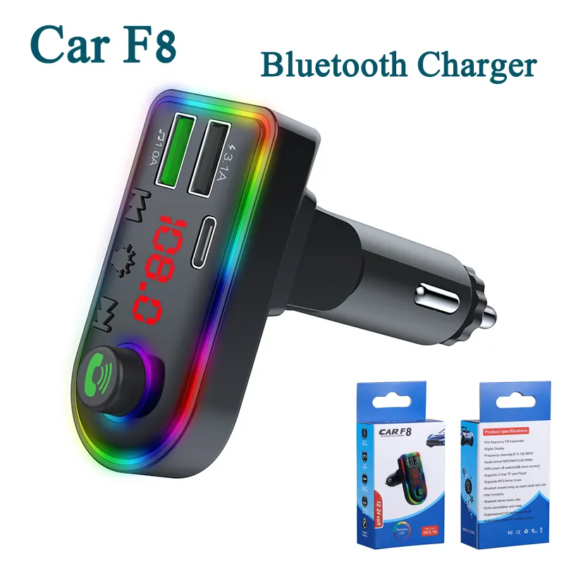 F8 Chargeurs de voiture BT5.0 Transmetteur FM Atmosphere Lightr Kit Modulateur MP3 Récepteur audio mains libres sans fil Couleur RVB avec boîte