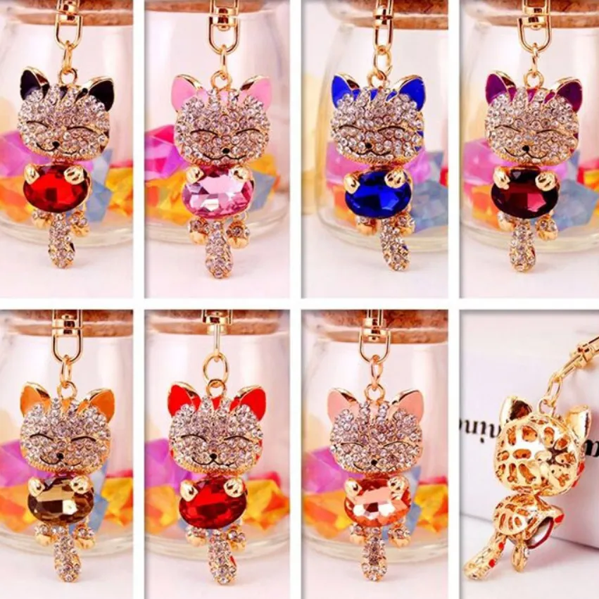 Cristal diamant porte-bonheur chat porte-clés en métal porte-clés bagages décoration pendentif porte-clés mode chat forme porte-clés porte-clés petits cadeaux