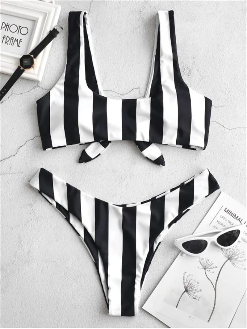 Stripe High Taille Bikini Sets Sexy Backess Swimsuit Twee stukken Swimwear Women 2021 Badpak 4 kleuren Dames