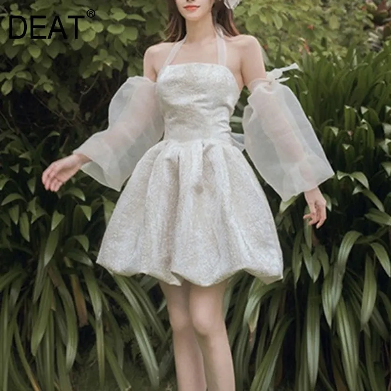 女性の白い印刷レースガーゼ中空ボウドレスホルターショートパフスリーブスリムフィットファッション潮の潮夏7D0887 210421