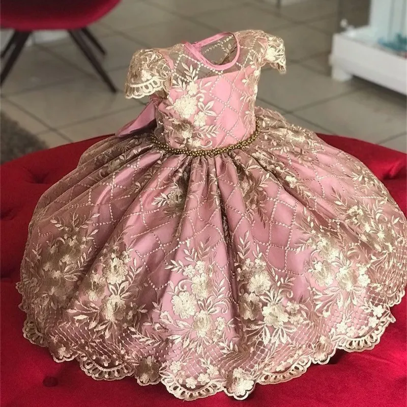 Broderi blomma flicka klänning hög kvalitet rosa prinsessan klänningar bröllop flickor klänningar fest prom värd boll klänning kjol snabbt fartyg